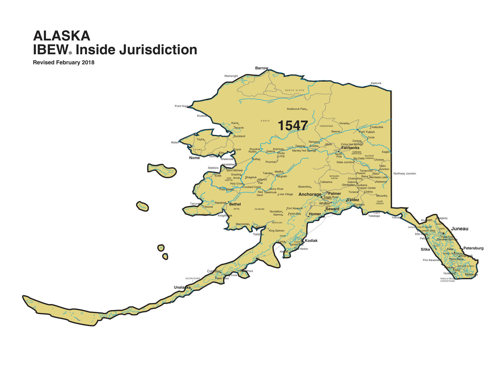 IBEW inside construction jurisdiction map of Alaska, with Local 1547's area circled