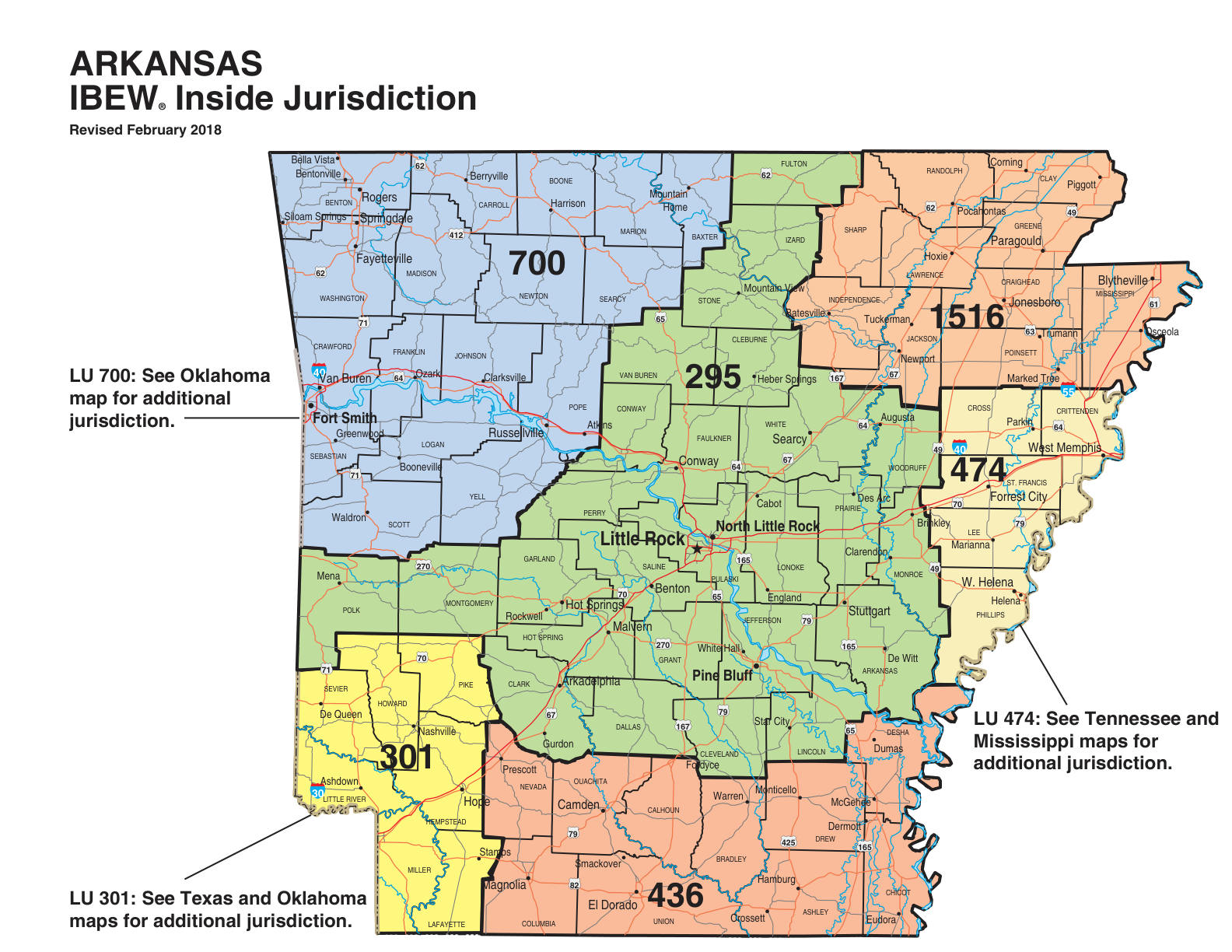 IBEW inside construction jurisdiction map of Arkansas, with Local 474's area circled