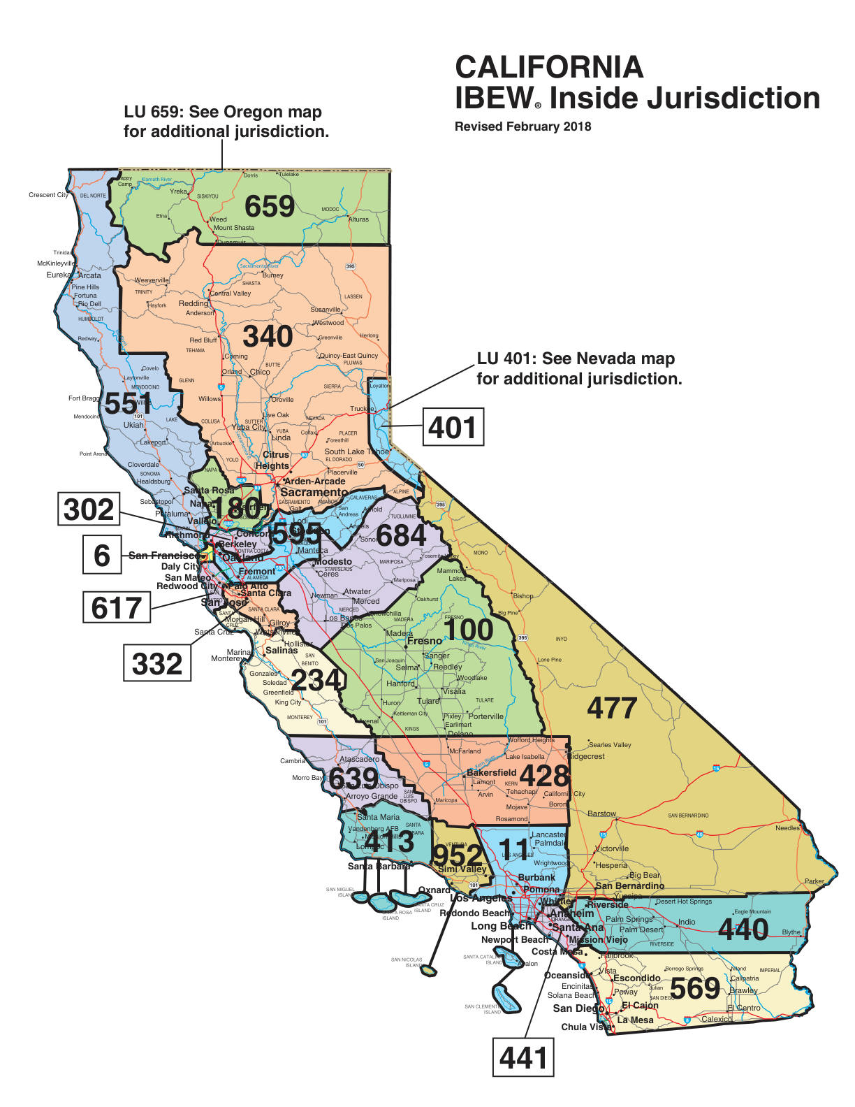 IBEW inside construction jurisdiction map of California, with Local 340's area circled