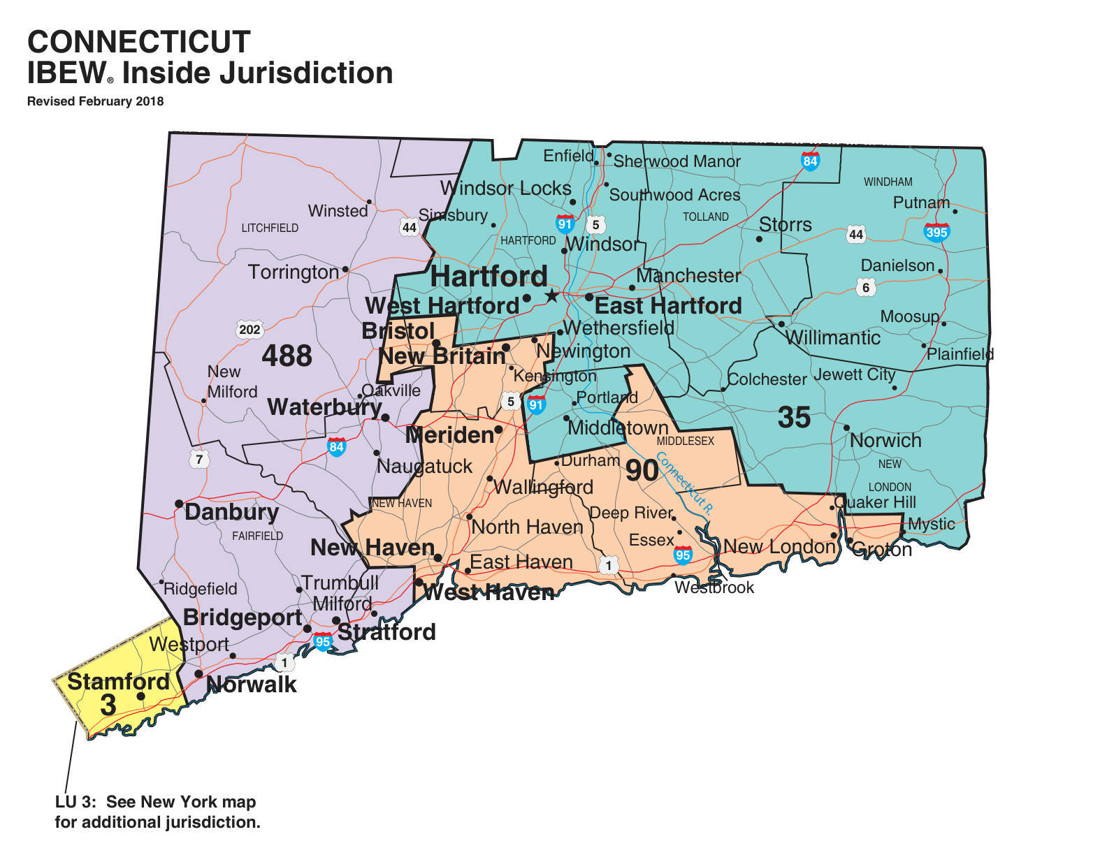 IBEW inside construction jurisdiction map of Connecticut, with Local 3's area circled
