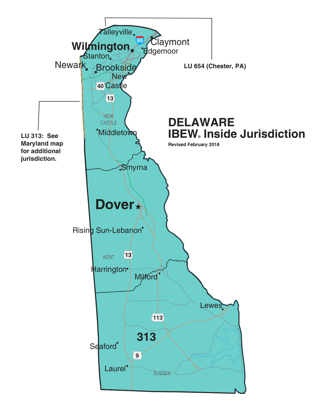 IBEW inside construction jurisdiction map of Delaware, with Local 313's area circled