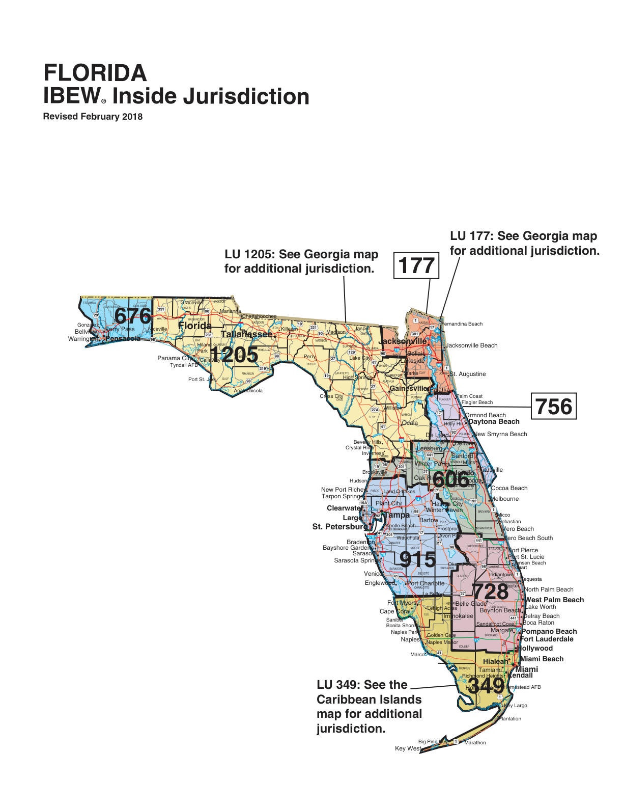 IBEW inside construction jurisdiction map of Florida, with Local 756's area circled