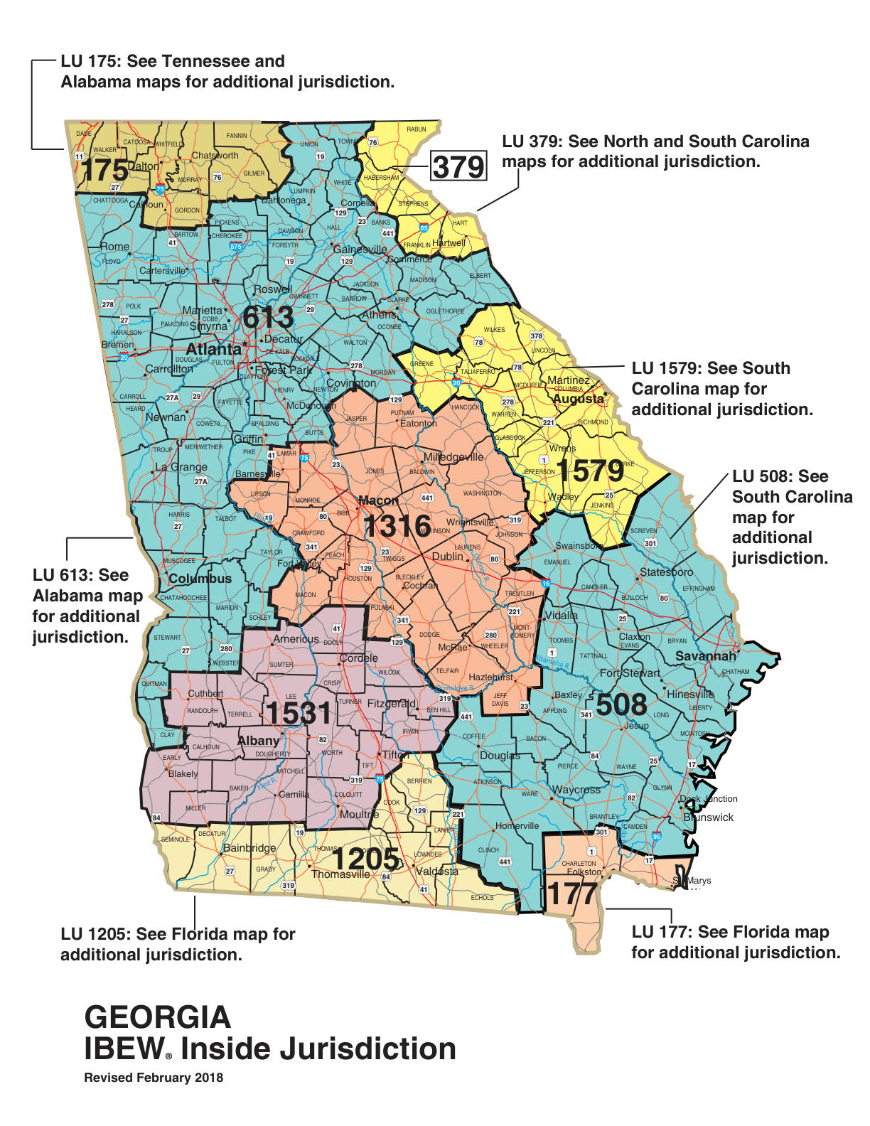 IBEW inside construction jurisdiction map of Georgia, with Local 613's area circled