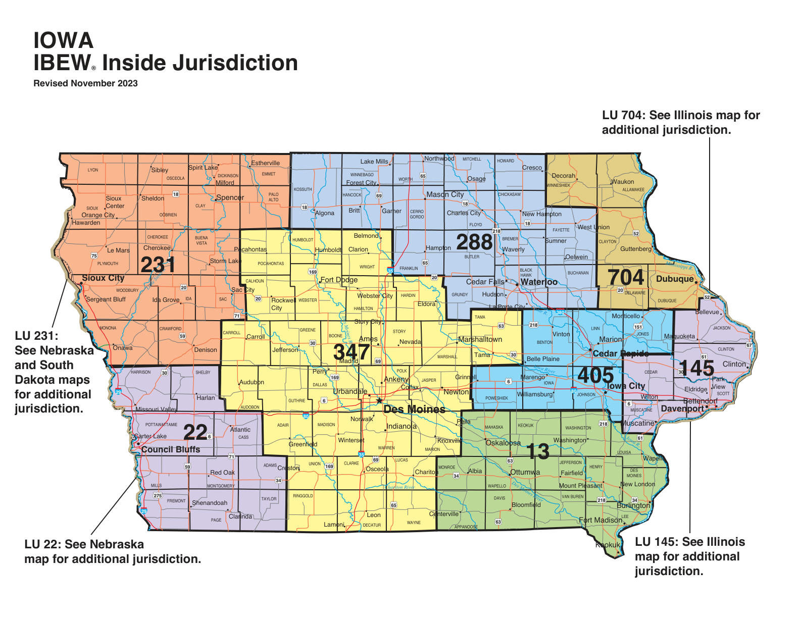 IBEW inside construction jurisdiction map of Iowa, with Local 13's area circled