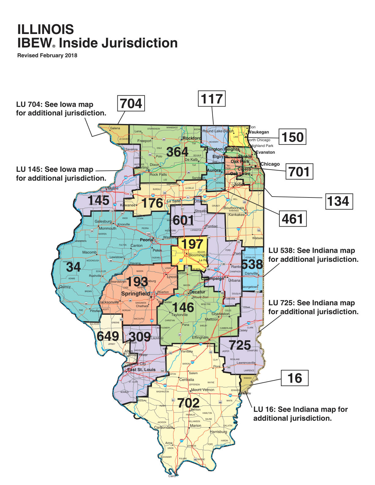 IBEW inside construction jurisdiction map of Illinois, with Local 461's area circled