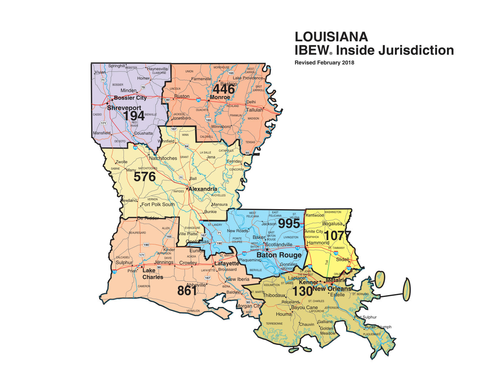 IBEW inside construction jurisdiction map of Louisiana, with Local 446's area circled