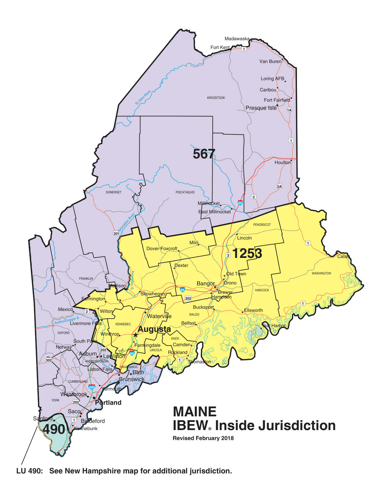 IBEW inside construction jurisdiction map of Maine, with Local 490's area circled