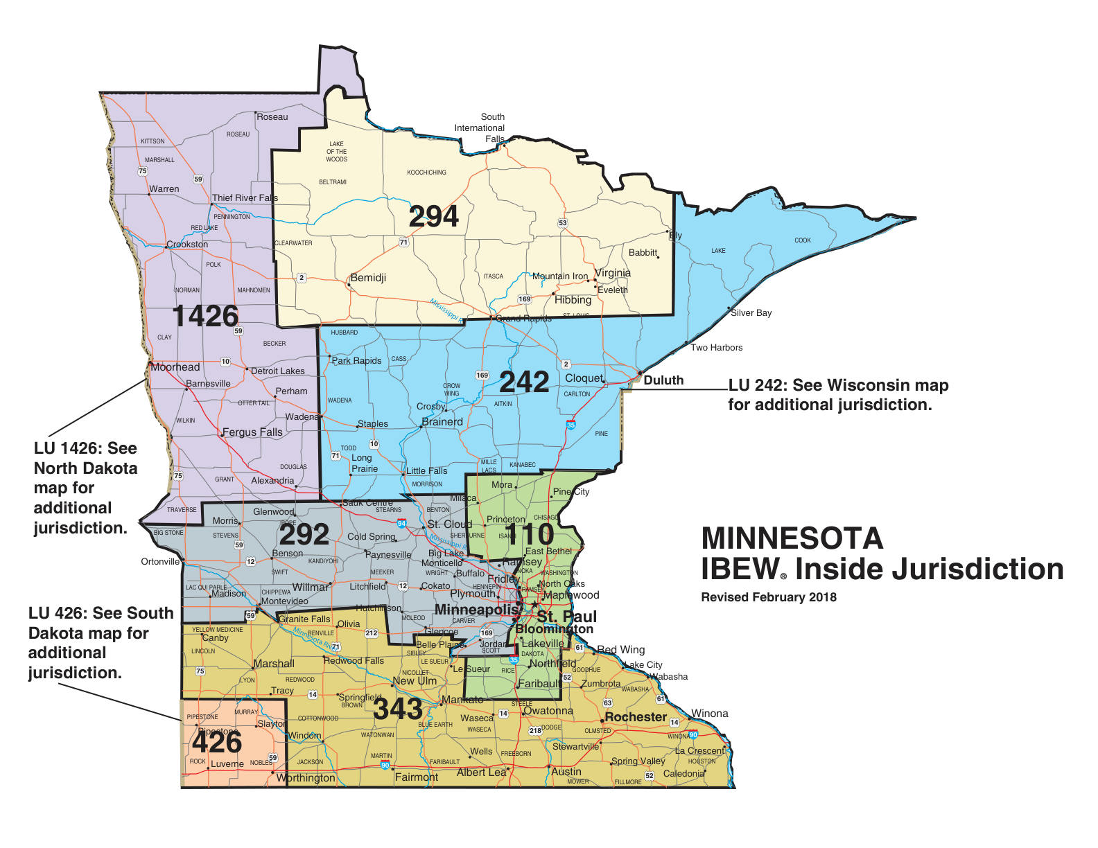 IBEW inside construction jurisdiction map of Minnesota, with Local 294's area circled