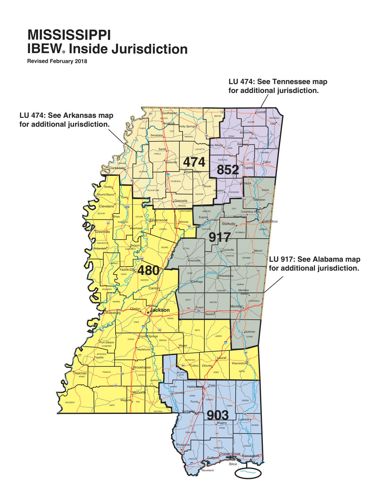 IBEW inside construction jurisdiction map of Mississippi, with Local 474's area circled