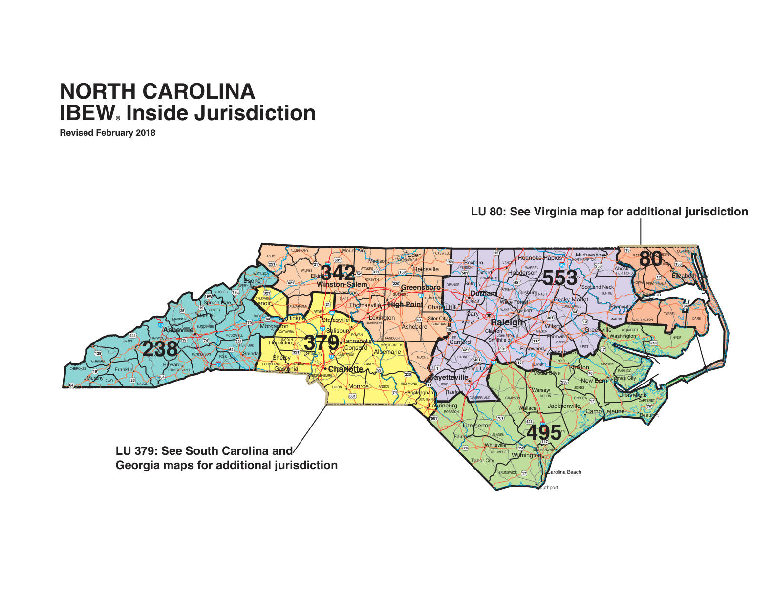IBEW inside construction jurisdiction map of North Carolina, with Local 80's area circled