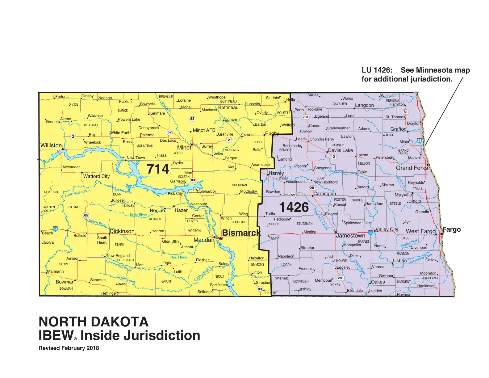 IBEW inside construction jurisdiction map of North Dakota, with Local 714's area circled