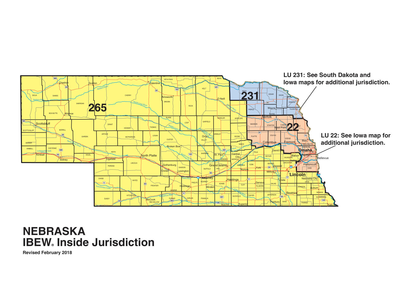 IBEW inside construction jurisdiction map of Nebraska, with Local 22's area circled