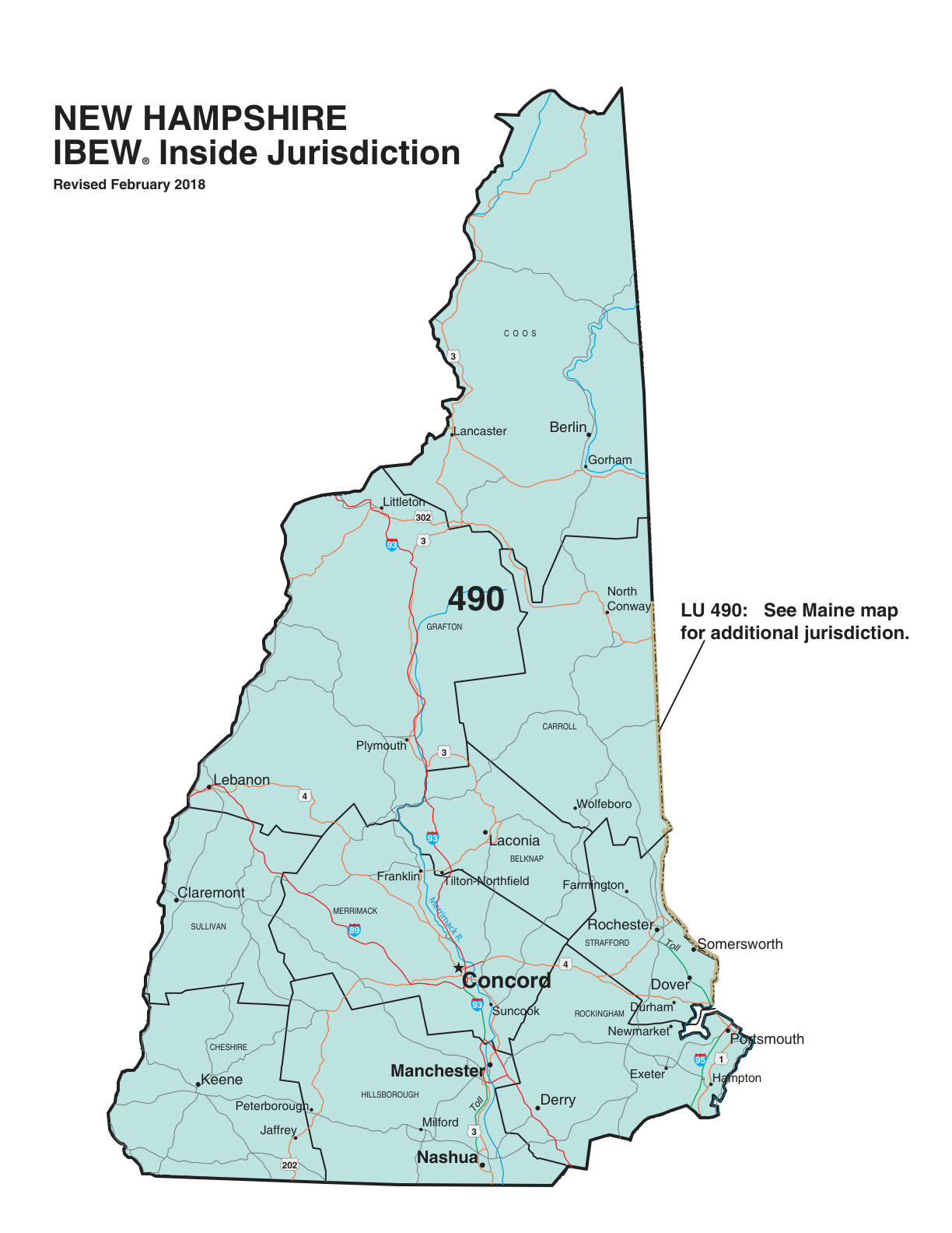 IBEW inside construction jurisdiction map of New Hampshire, with Local 490's area circled