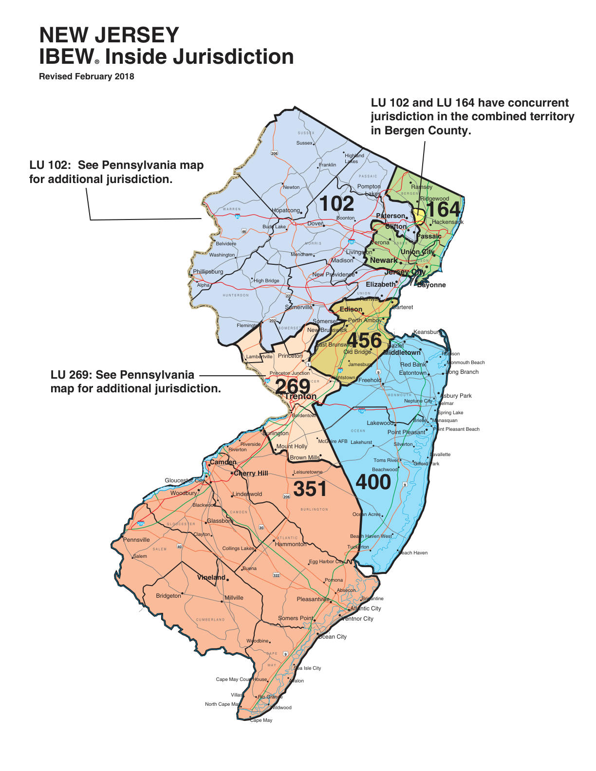 IBEW inside construction jurisdiction map of New Jersey, with Local 269's area circled