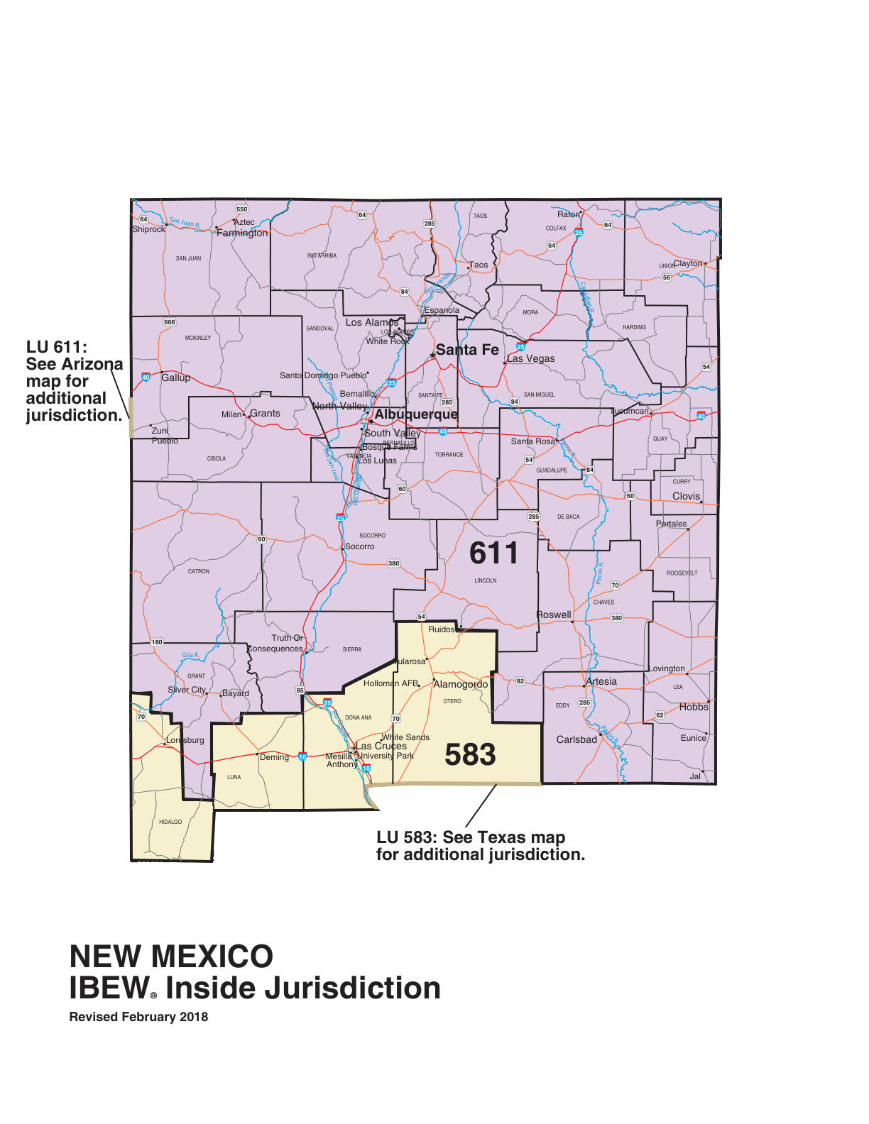IBEW inside construction jurisdiction map of New Mexico, with Local 611's area circled