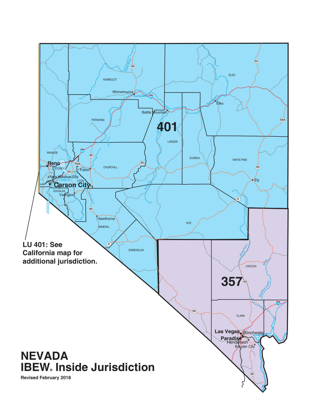 IBEW inside construction jurisdiction map of Nevada, with Local 401's area circled