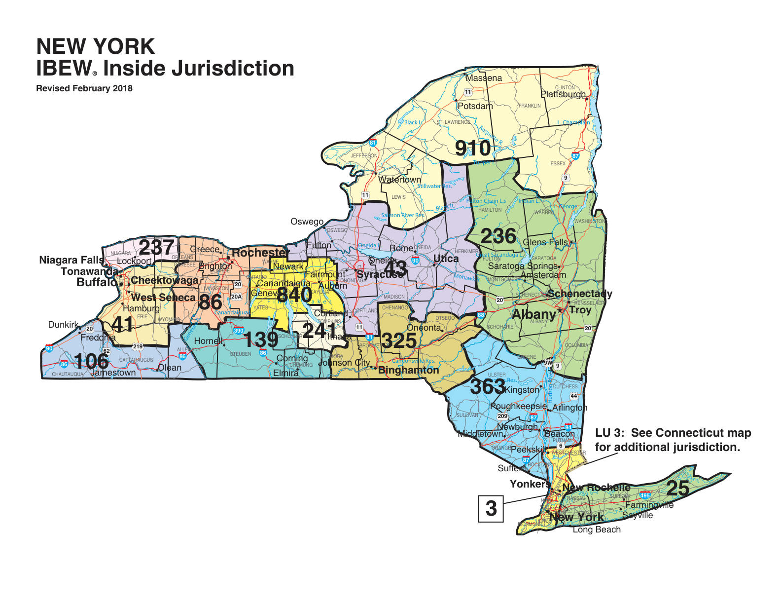 IBEW inside construction jurisdiction map of New York, with Local 3's area circled