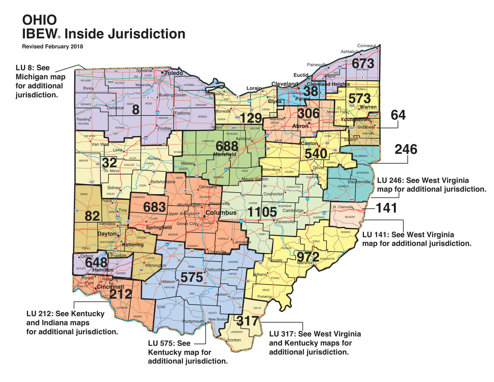 IBEW inside construction jurisdiction map of Ohio, with Local 32's area circled