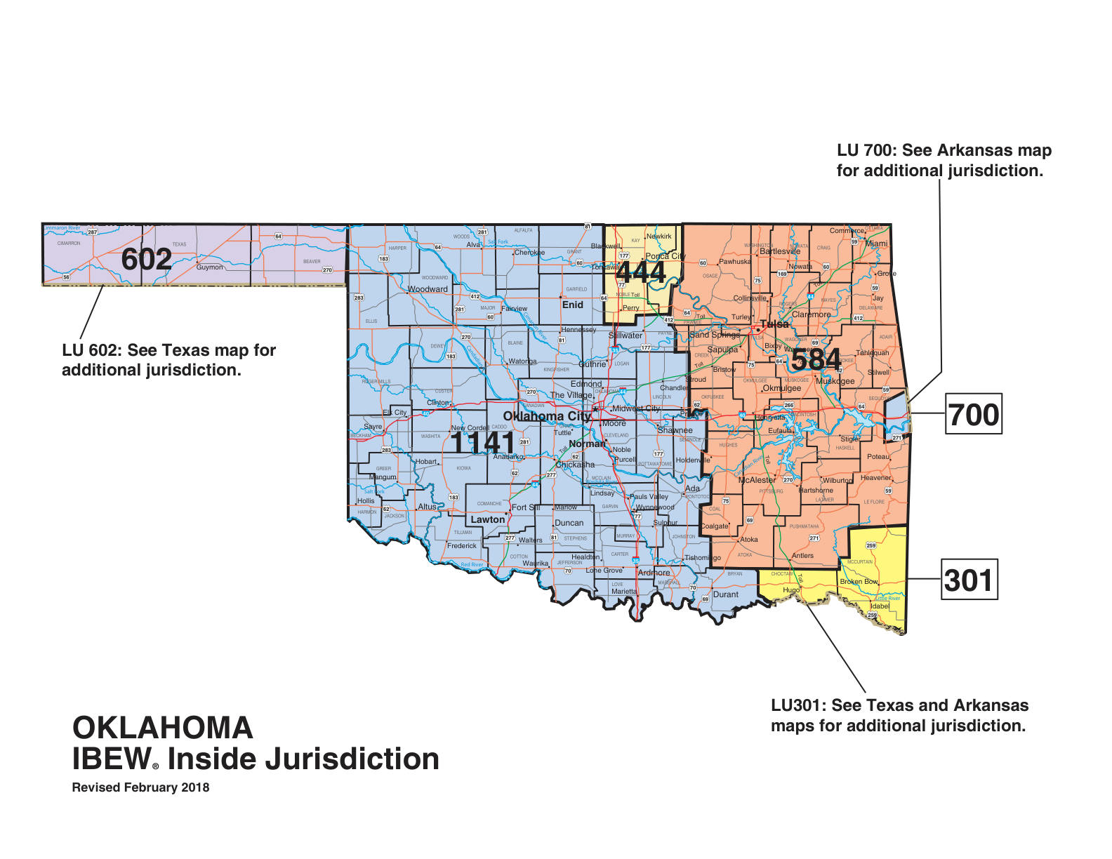 IBEW inside construction jurisdiction map of Oklahoma, with Local 301's area circled