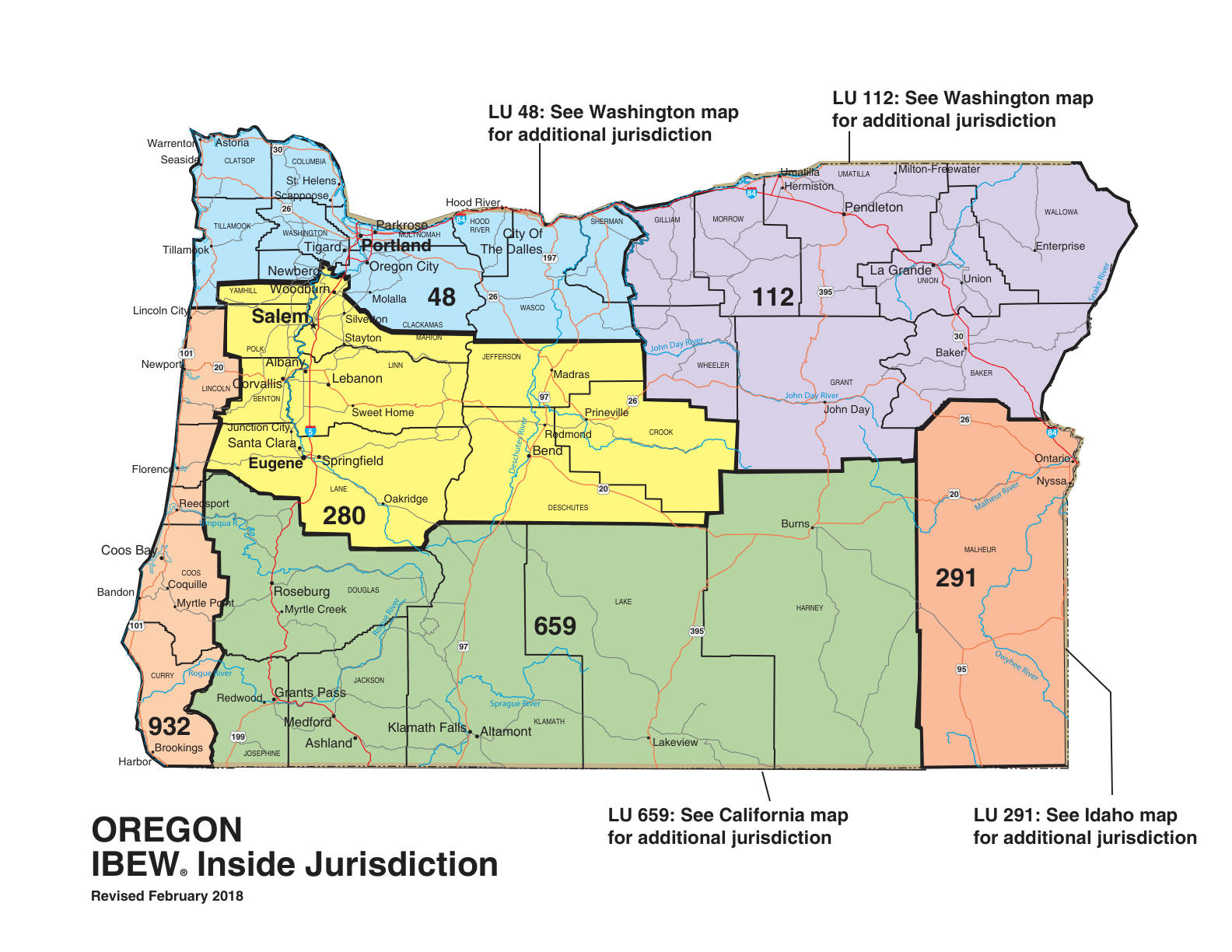 IBEW inside construction jurisdiction map of Oregon, with Local 280's area circled