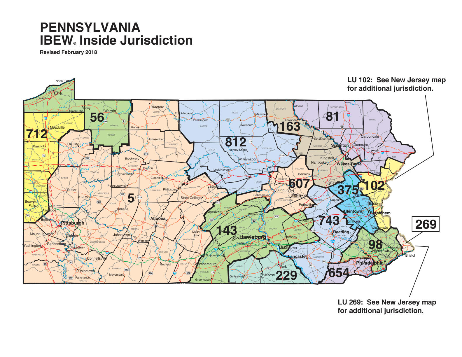 IBEW inside construction jurisdiction map of Pennsylvania, with Local 5's area circled