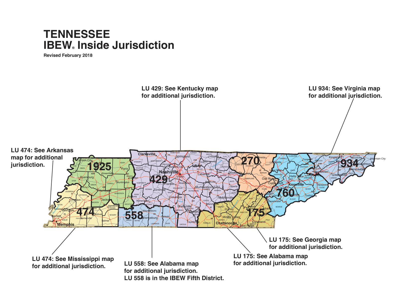 IBEW inside construction jurisdiction map of Tennessee, with Local 474's area circled