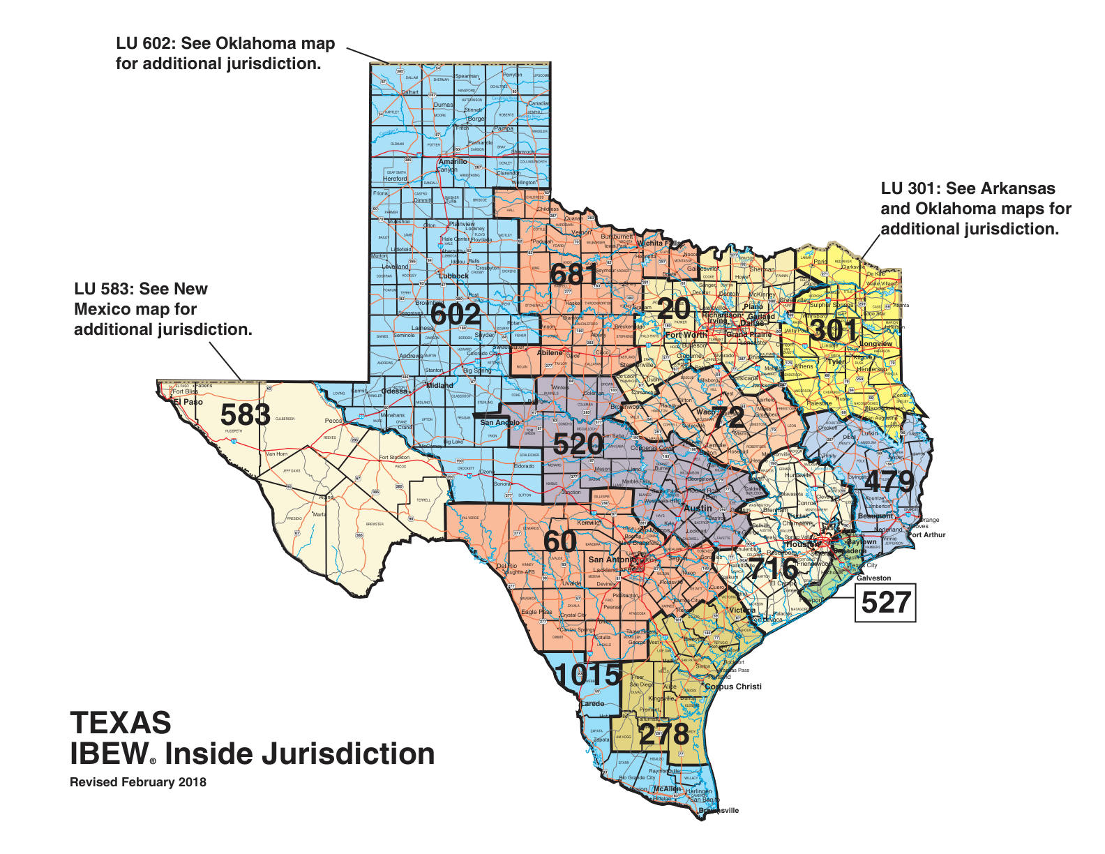 IBEW inside construction jurisdiction map of Texas, with Local 72's area circled