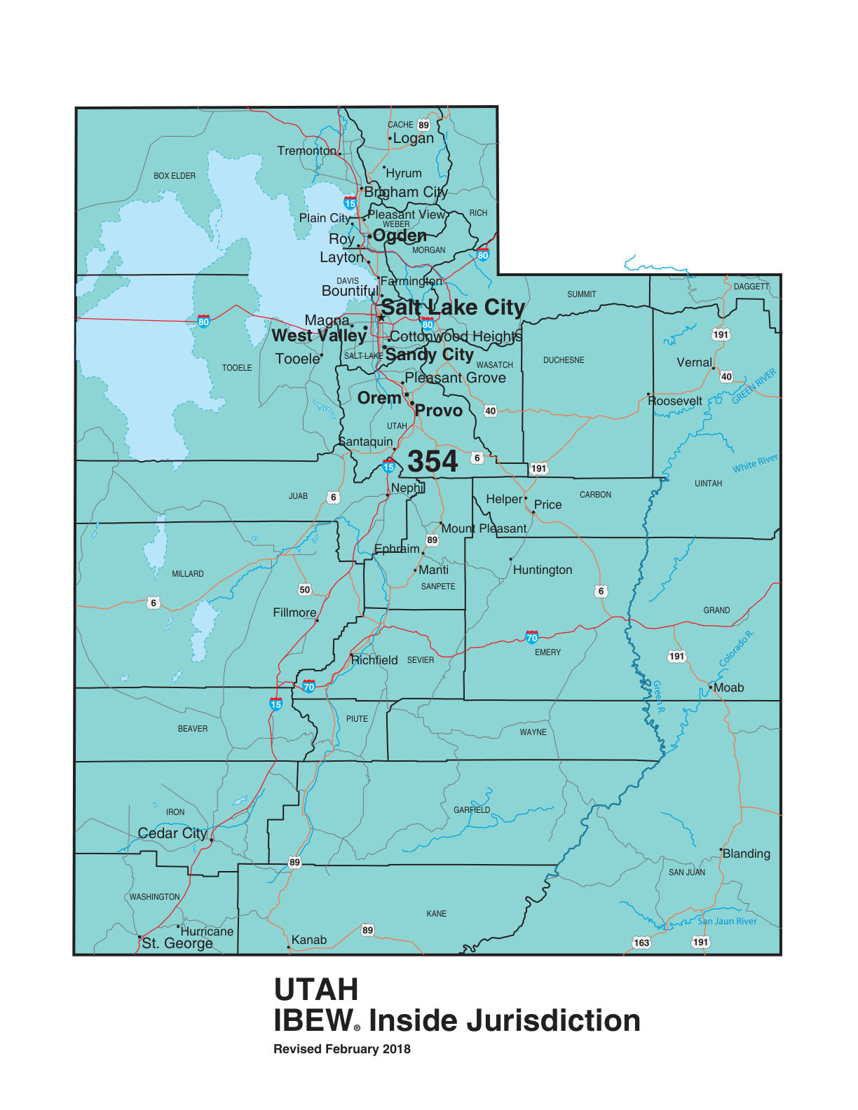 IBEW inside construction jurisdiction map of Utah, with Local 354's area circled