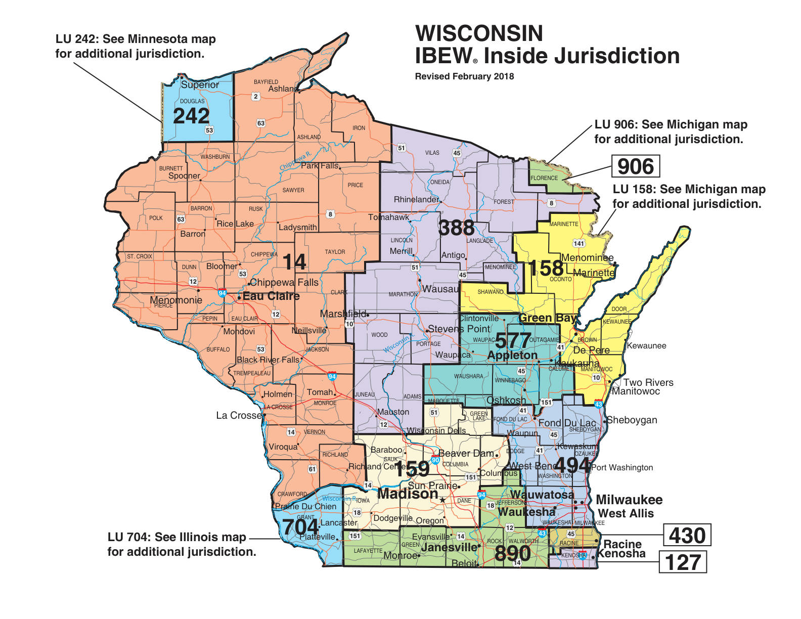 IBEW inside construction jurisdiction map of Wisconsin, with Local 577's area circled