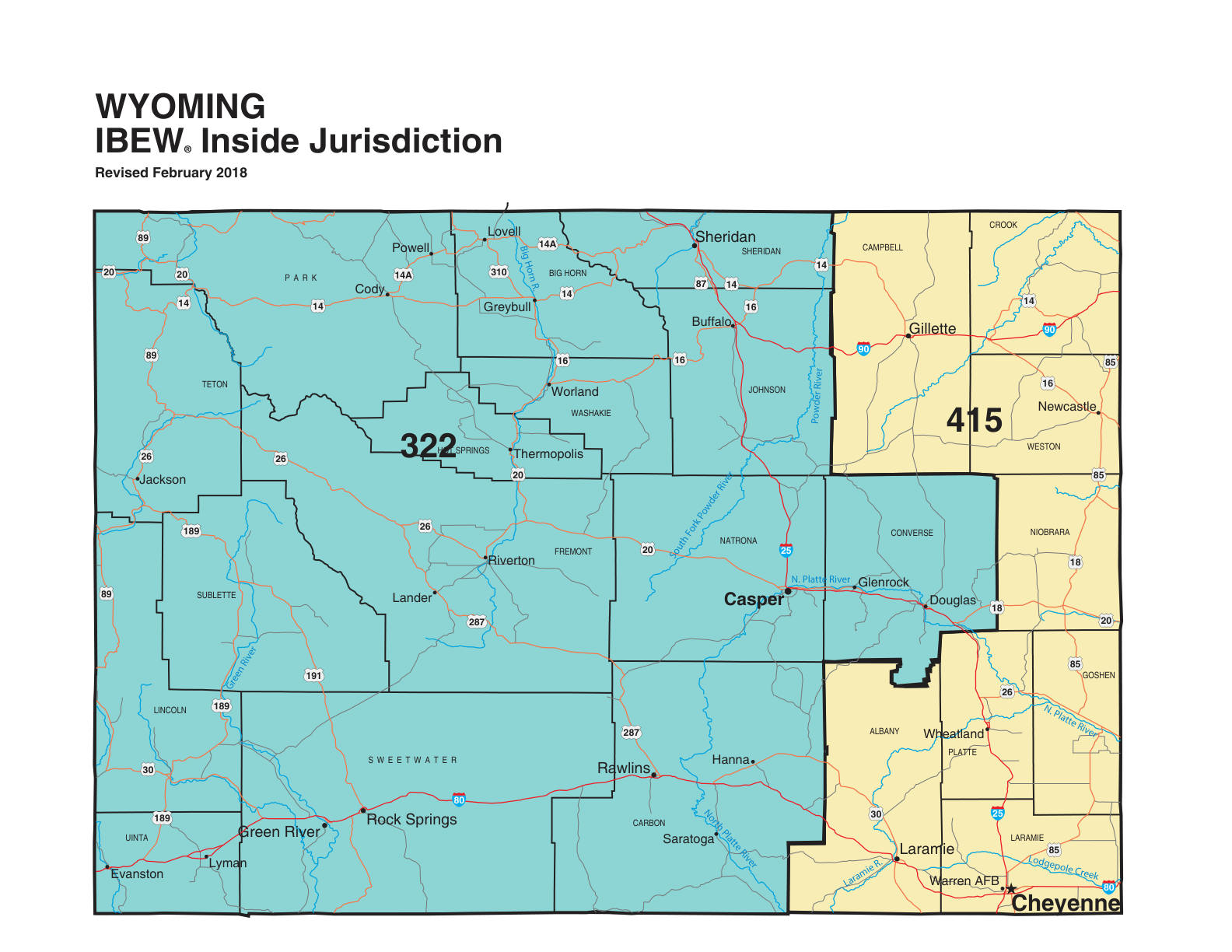 IBEW inside construction jurisdiction map of Wyoming, with Local 322's area circled